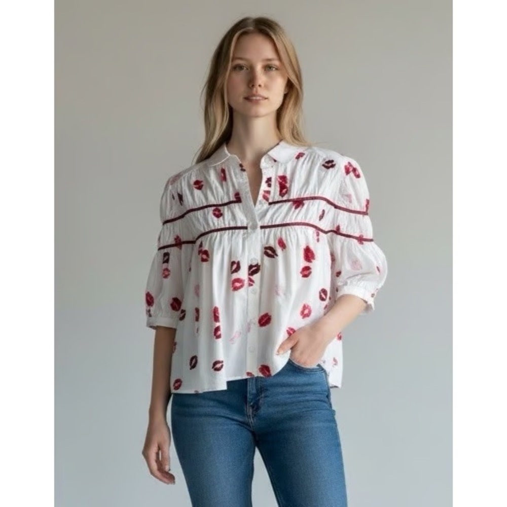 Maeve White Blouse with Red Lip Print